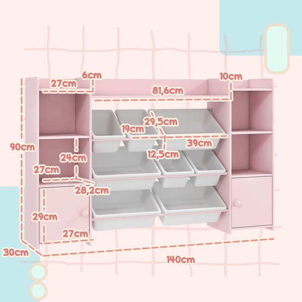 AIYAPLAY Scaffale Portagiochi per Bambini con 8 Contenitori Rimovibili e Armadietti, 140x30x90 cm, Rosa | Aosom Italy