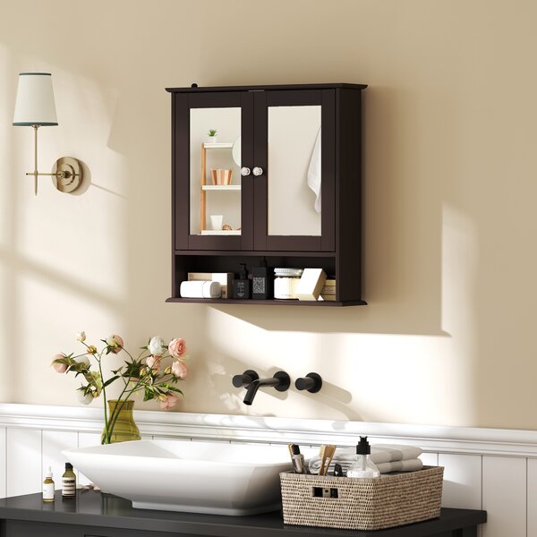 Kleankin Armadio da Bagno con Specchio, Armadio da Parete con 2 Ante, Ripiano Aperto e Ripiano Regolabile, 56x13x58 cm, Marrone Scuro | Aosom Italy
