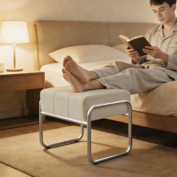 HOMCOM Poggiapiedi Pouf Seduta Imbottito Spesso con Rivestimento in Chenille e Gambe in Acciaio, per Camera da Letto, Beige | Aosom Italy