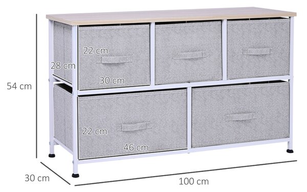 HOMCOM Cassettiera con 5 Cassetti per Camera, Struttura Metallica, 100x30x54 cm, Grigio | Aosom Italy