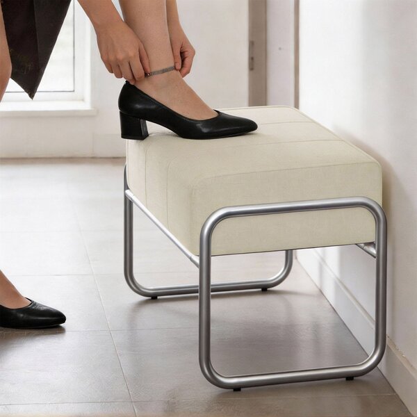 HOMCOM Poggiapiedi Pouf Seduta Imbottito Spesso con Rivestimento in Chenille e Gambe in Acciaio, per Camera da Letto, Beige | Aosom Italy