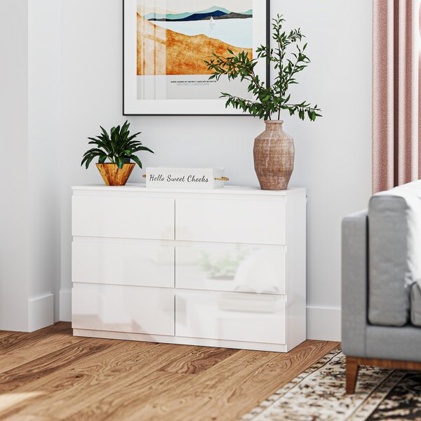 HOMCOM Comò per Camera con 6 Cassetti, Cassettiera per Soggiorno e Ufficio, Stile Moderno, 112x34x75 cm, Bianco Lucido | Aosom Italy