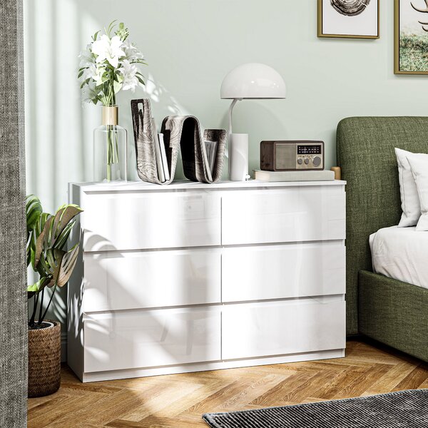 HOMCOM Comò per Camera con 6 Cassetti, Cassettiera per Soggiorno e Ufficio, Stile Moderno, 112x34x75 cm, Bianco Lucido | Aosom Italy