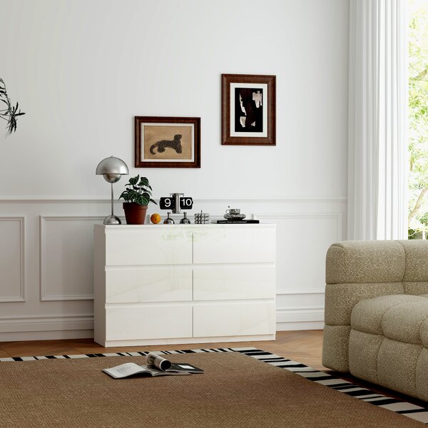 HOMCOM Comò per Camera con 6 Cassetti, Cassettiera per Soggiorno e Ufficio, Stile Moderno, 112x34x75 cm, Bianco Lucido | Aosom Italy
