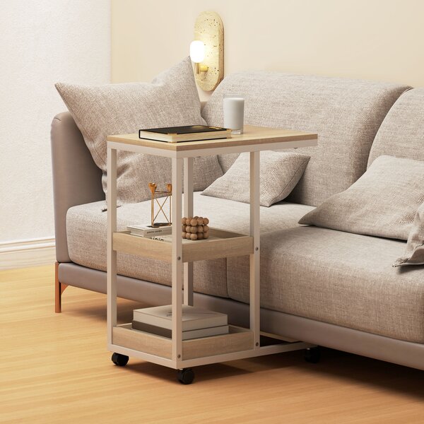 HOMCOM Tavolino Laterale a Forma di C con Ruote, Ripiani Aperti e Struttura in Acciaio, per Soggiorno e Camera, 51x33x66 cm, Naturale e Bianco | Aosom Italy