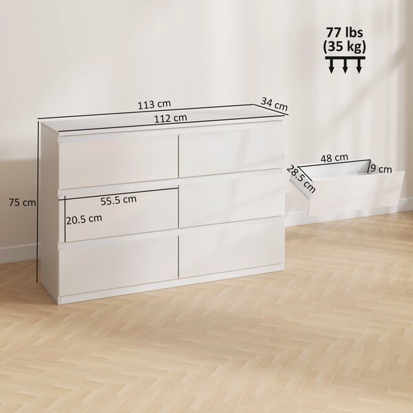 HOMCOM Comò per Camera con 6 Cassetti, Cassettiera per Soggiorno e Ufficio, Stile Moderno, 112x34x75 cm, Bianco Lucido | Aosom Italy