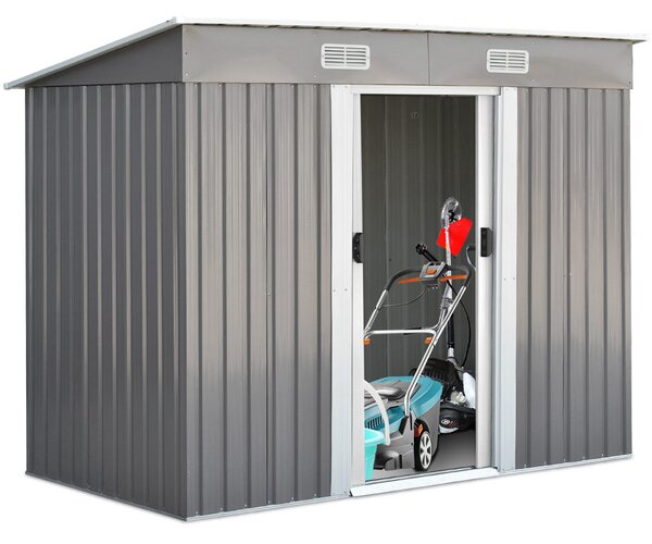 Costway Casetta da giardino in metallo con ante scorrevoli e maniglie, Casetta per attrezzi 238x128x181cm Grigio