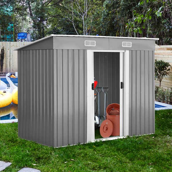 Costway Casetta da giardino in metallo con ante scorrevoli e maniglie, Casetta per attrezzi 238x128x181cm Grigio