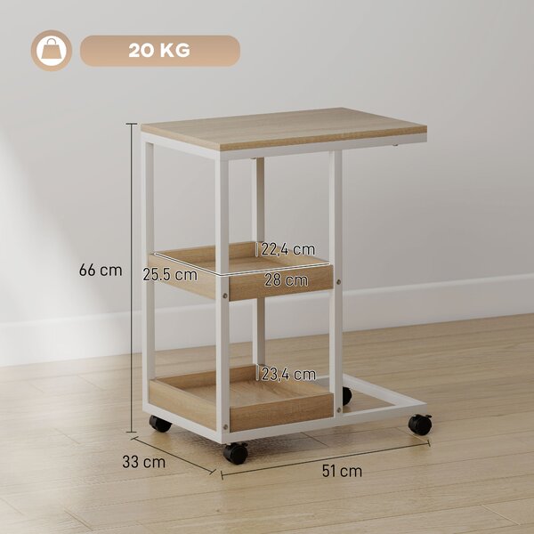 HOMCOM Tavolino Laterale a Forma di C con Ruote, Ripiani Aperti e Struttura in Acciaio, per Soggiorno e Camera, 51x33x66 cm, Naturale e Bianco | Aosom Italy