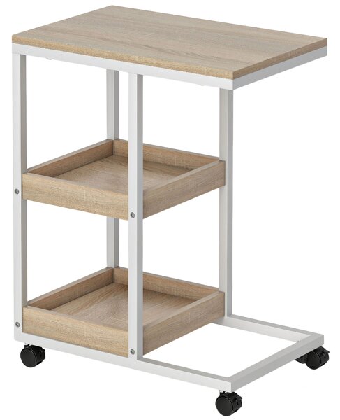 HOMCOM Tavolino Laterale a Forma di C con Ruote, Ripiani Aperti e Struttura in Acciaio, per Soggiorno e Camera, 51x33x66 cm, Naturale e Bianco | Aosom Italy