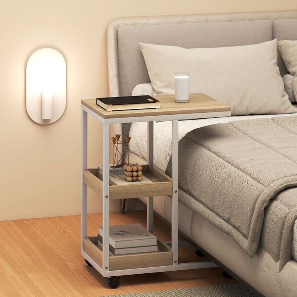 HOMCOM Tavolino Laterale a Forma di C con Ruote, Ripiani Aperti e Struttura in Acciaio, per Soggiorno e Camera, 51x33x66 cm, Naturale e Bianco | Aosom Italy