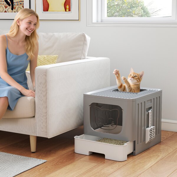 PawHut Lettiera Gatto Chiusa M 60L con Coperchio, Vassoio Estraibile, Paletta, Antiperdita, Facile da Pulire, Grigio | Aosom Italy