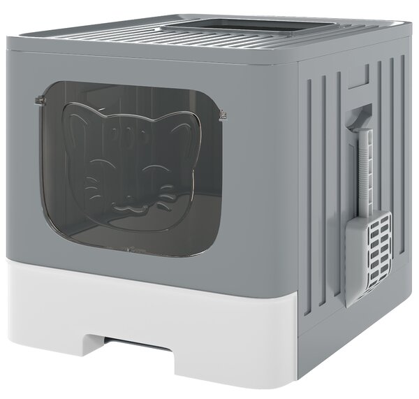 PawHut Lettiera Gatto Chiusa M 60L con Coperchio, Vassoio Estraibile, Paletta, Antiperdita, Facile da Pulire, Grigio | Aosom Italy