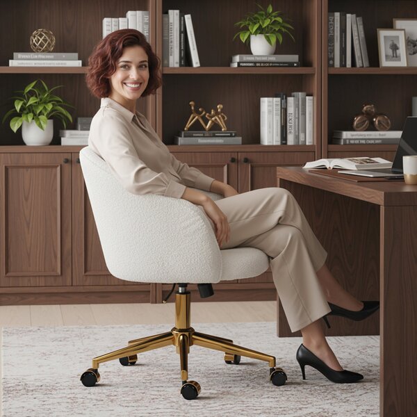 HOMCOM Sedia da Ufficio, Poltrona da Ufficio Ergonomica Regolabile in Altezza, Seduta Girevole, Base in Acciaio, Crema | Aosom Italy