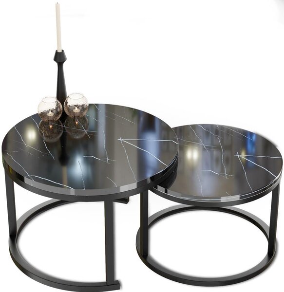 Set di 2 tavolini rotondi neri, effetto marmo, diametro 70 cm e 50 cm