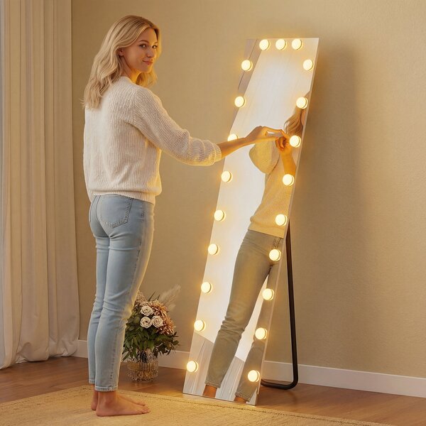 HOMCOM Specchio a Figura Intera 150x40 cm, Specchio da Terra RGB-LED con 21 Lampadine, 7 Tonalità, Interruttore Touch di Funzione Memoria | Aosom Italy