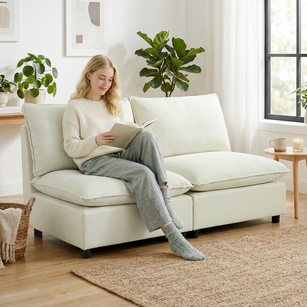HOMCOM Divano a 2 Posti Modulabile, Divano da Salotto Moderno 146 cm senza Braccioli con Seduta Ampia e Cuscini Spessi, Crema | Aosom Italy