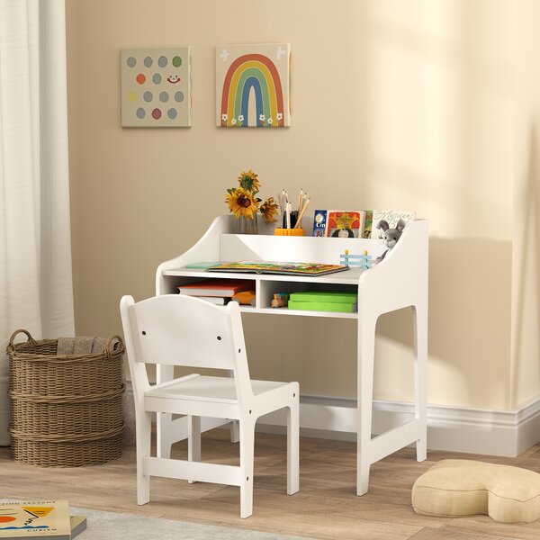 AIYAPLAY Set Scrivania e Sedia per Bambini 3-8 Anni con Scomparti e Ripiani Aperti, Bianco | Aosom Italy