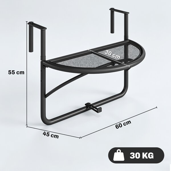 Outsunny Tavolino da Appendere alla Ringhiera del Balcone, Regolabile in Altezza, Ferro, Nero, 60x45x50 cm|Aosom