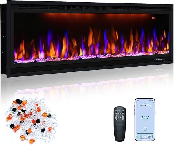 Camino elettrico, stufa da incasso sottile con telecomando, effetti di fiamma multicolore con tronchi di legno realistici, termostato con timer, 750/1500 W, 106 cm, nero