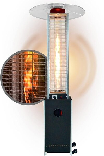 Gasheizer 12,5 kW Bellamente Cristal: Stufa a gas antracite con ruote per il trasporto, ideale per terrazze. Dotata di sistema di sicurezza anti-ribaltamento e spegnimento automatico. Riscaldatore da esterno per giardino e balcone