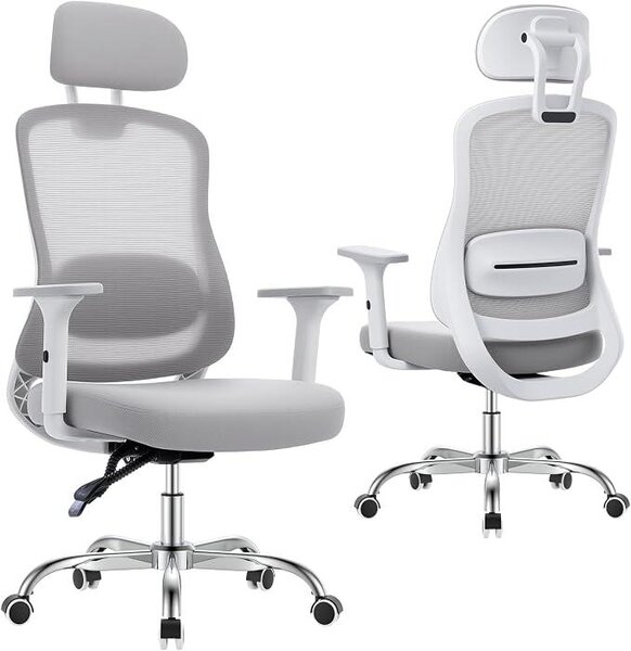 Sedia da ufficio ergonomica da 150 kg, con rivestimento in rete, braccioli 3D, schienale reclinabile con poggiatesta, regolabile in altezza, rotelle silenziose, ideale per l'ufficio domestico e il gaming, facile da montare, colore grigio chiaro