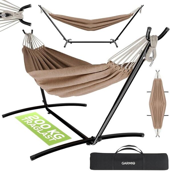 Amaca marrone con struttura in tubi d'acciaio, dimensioni 270 x 110 x 105 cm, capacità di carico 200 kg, resistente alle intemperie, pieghevole, inclusi accessori e borsa per il trasporto