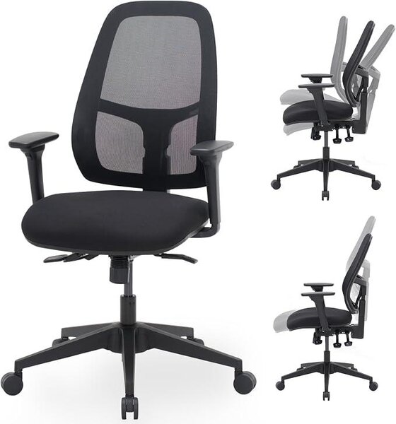 Sedia da ufficio fino a 150 kg con profondità e inclinazione del sedile regolabili - Sedia ergonomica multifunzionale e regolabile per scrivania, colore nero