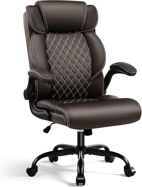 Sedia da ufficio ergonomica in ecopelle, con braccioli regolabili e ruote, girevole, con schienale alto, adatta per l'ufficio e lo smart working, colore marrone scuro. Capacità massima: 200 kg