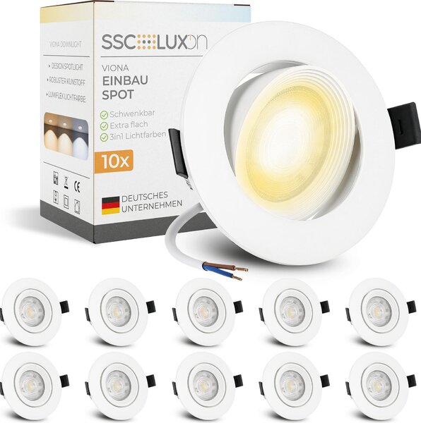 SSC-LUXon 10 pezzi VIONA LED mini faretto da incasso bianco piatto orientabile - faretto da incasso a soffitto bianco caldo, bianco neutro, bianco freddo