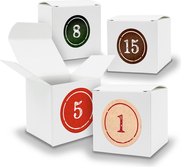 Calendario dell'Avvento da riempire, 24 cubetti da 6,5 cm, BIANCO + adesivi V04 Z02