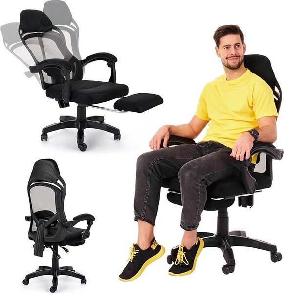 Sedia da ufficio ergonomica con poggiapiedi, colore nero, portata massima 150 kg, marca Sporte. Sedia da scrivania, schienale regolabile, personalizzabile, poggiapiedi imbottito, sedia da computer ideale per l'ufficio domestico
