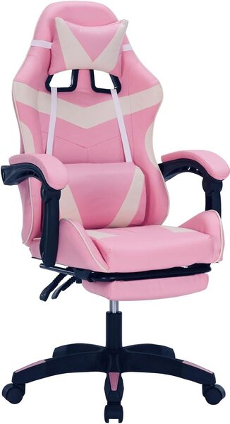 Sedia da gaming ergonomica con poggiapiedi, design racing, colore rosa e bianco. Sedia da ufficio, girevole, ideale per la scrivania