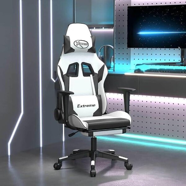 Sedia da gaming con funzione massaggio, poggiapiedi, in ecopelle, colore bianco e nero, sedia girevole, poltrona da ufficio, ideale per l'ufficio, il lavoro da casa, i giocatori, la scrivania, modello racing, per computer e console