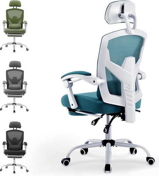 Sedia da ufficio ergonomica: una sedia da scrivania dotata di braccioli confortevoli, con un supporto lombare comodo e poggiapiedi, ideale per l'uso in casa