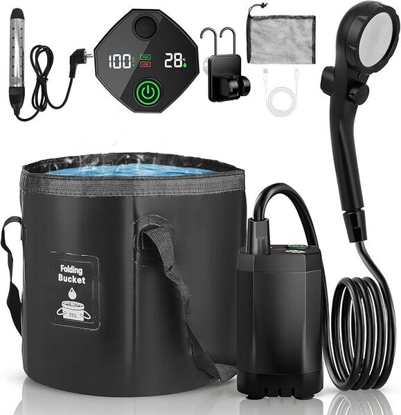 Doccia da campeggio con resistenza riscaldante, doccia da esterno con pompa, ricarica USB, display digitale e riscaldamento rapido – doccia portatile da 6000mAh per campeggio, giardino, auto, animali domestici