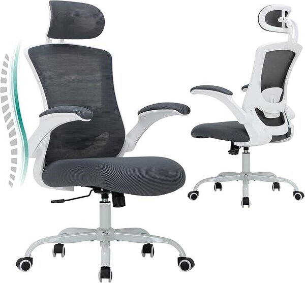 Sedia da ufficio ergonomica, sedia da scrivania con schienale a rete e poggiatesta regolabile, poltrona da ufficio con supporto lombare, sedia girevole con blocco dell'inclinazione, colore grigio