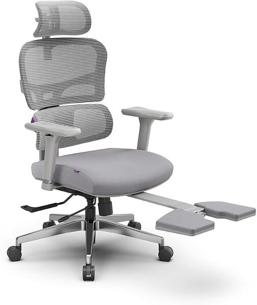 Sedia da ufficio ergonomica con poggiapiedi | Supporto lombare automatico, sedia da scrivania con poggiatesta regolabile, braccioli e profondità della seduta regolabili, colore grigio