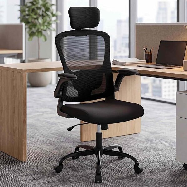 Sedia da ufficio ergonomica, modello executive – Sedia da scrivania con schienale a rete, poggiatesta, braccioli girevoli e supporto lombare, regolabile in altezza, girevole a 360°, portata fino a 150 kg, ideale per ufficio e home office
