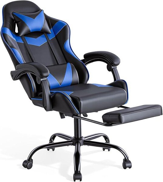 Sedia da gaming, sedia da gioco con poggiapiedi, supporto per la testa e supporto lombare, sedia ergonomica per PC, sedia da ufficio regolabile in altezza, sedia da scrivania girevole, design moderno, colore blu