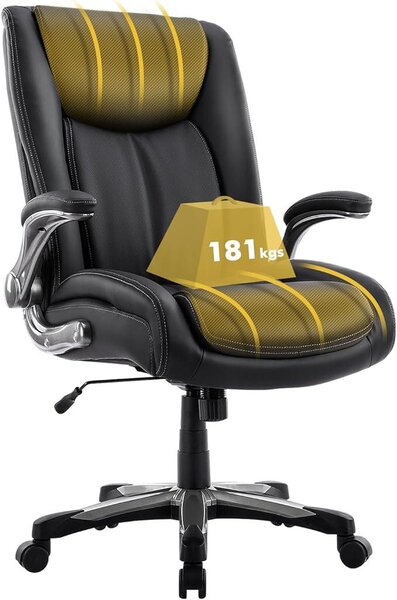Sedia da ufficio grande e alta, portata massima 181 kg, poltrona da ufficio ampia e robusta con schienale alto e braccioli pieghevoli, ideale per l'ufficio domestico, colore nero
