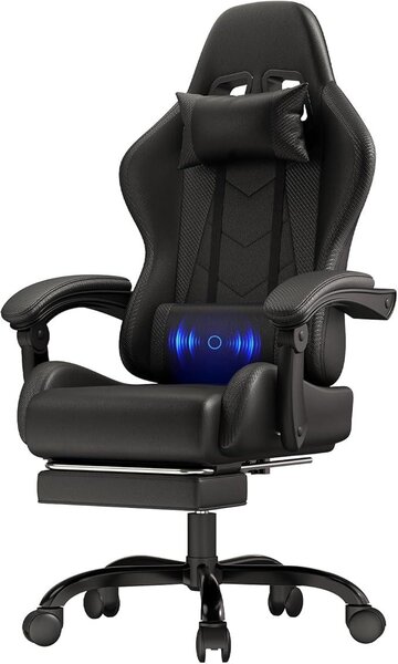 Sedia da gaming, sedia da ufficio ergonomica con funzione massaggio, sedia da gamer con schienale regolabile da 90 a 135° e poggiapiedi. Sedia da gaming con capacità di carico di 150 kg, colore nero