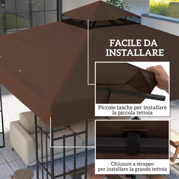 Outsunny Copertura per Gazebo da Giardino 3x3m UPF30+ a 2 Livelli in Poliestere color Caffè | Aosom Italy