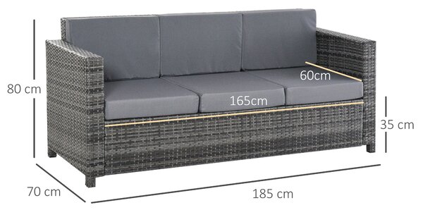 Outsunny Divano da Esterno 3 Posti in Rattan PE e Metallo con Cuscini per Seduta e Schienale, 185x70x80 cm, Grigio | Aosom Italy