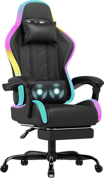 Sedia da gaming in pelle, sedia da corsa professionale, sedia da ufficio ergonomica con funzione massaggio, schienale regolabile da 90 a 135°, con poggiapiedi telescopico, sedia da gaming con capacità di carico di 150 kg, colore nero