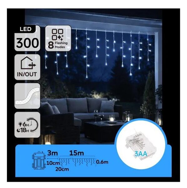 Aigostar - Catena luminosa natalizia LED da esterno, 300 LED/8 funzioni, 3xAA, 18 x 0,6 m, IP44, bianco freddo