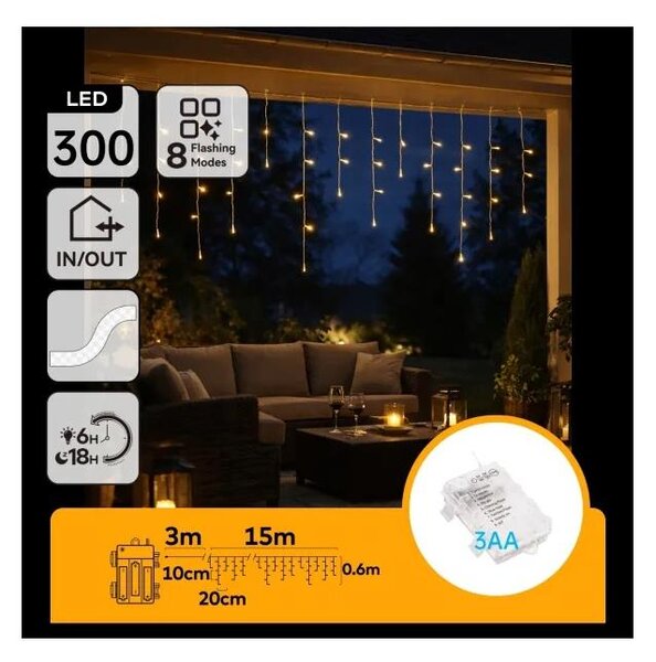 Aigostar - Catena luminosa natalizia LED da esterno 300xLED/8 funzioni 3xAA 18x06m IP44 bianco caldo