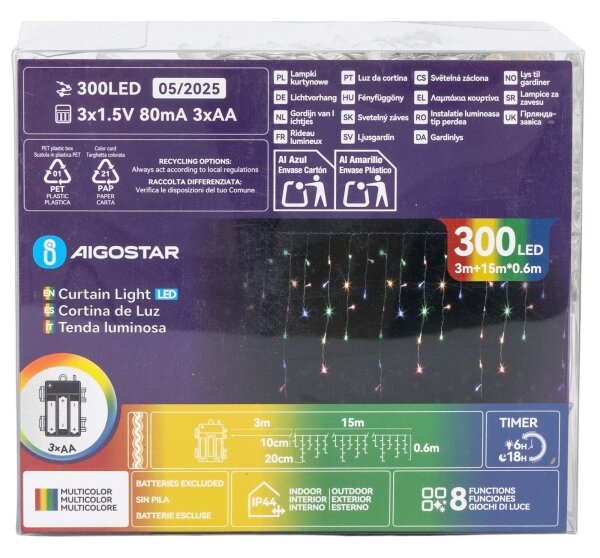 Aigostar - Catena luminosa LED da esterno per Natale 300xLED/8 modalità 3xAA 18x0,6m IP44 multicolore