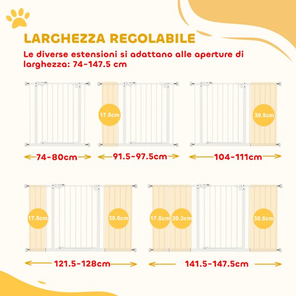 PawHut Cancellino per Cani a 3 Estensioni con Larghezza Regolabile 74-148cm e Chiusura Automatica, Bianco