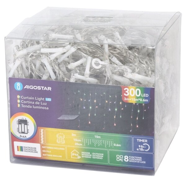 Aigostar - Catena luminosa LED da esterno per Natale 300xLED/8 modalità 3xAA 18x0,6m IP44 multicolore